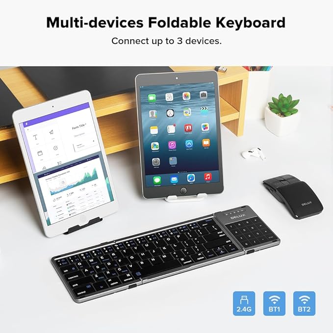 DELUX Tri-fold Keyboard with Touchpad and Numeric Keypad, 2.4G Wireless Bluetooth KBD, Rechargeable Portable Travel Folding Keyboard with PU Leather, Compatible for iOS/Android/Windows/Tablet (KF18)