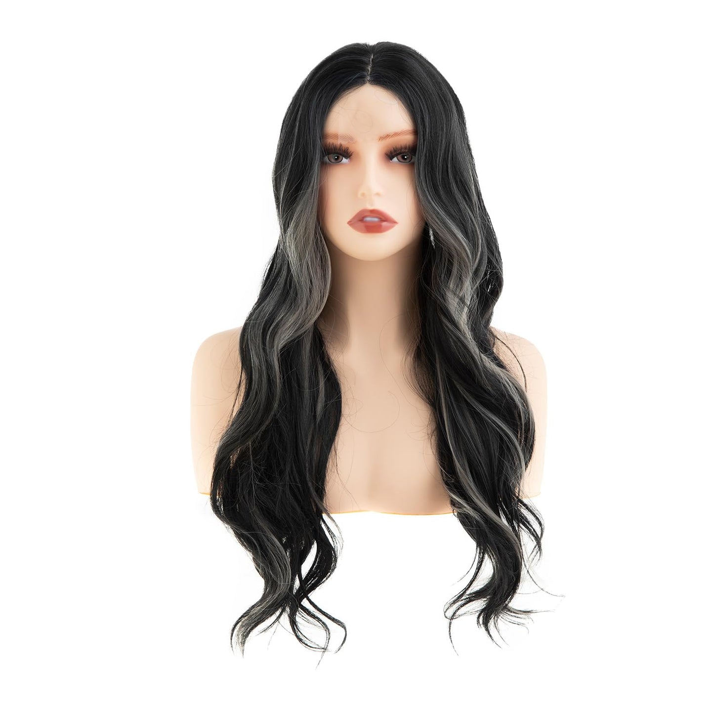 Sallcks Long Ombre Grey Lace Wigs for Women 27.5 inch Long Wavy Middle Part Wig Black Grey Highlight Cosplay Costume Halloween Wig