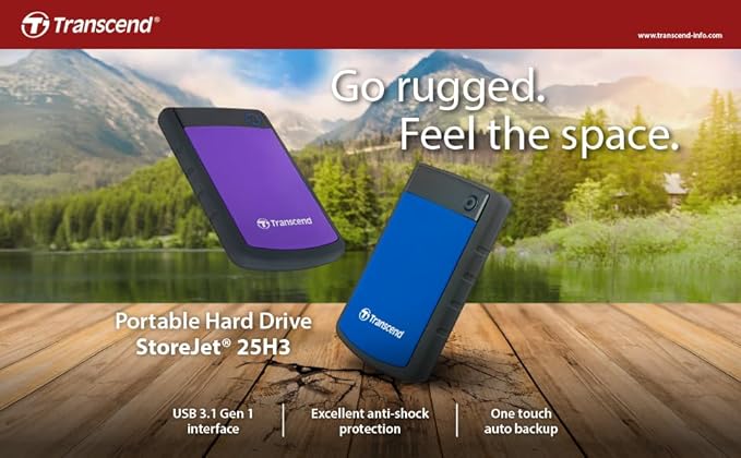 Transcend StoreJet 4TB External Hard Drive, for PS4/PC/Mac/Desktop/Laptop/Xbox, USB3.1(5Gbps)Type-A Portable HDD, One Touch Auto-Backup/Shock Resistant/Three-stage shock protection system(TS4TSJ25H3P)