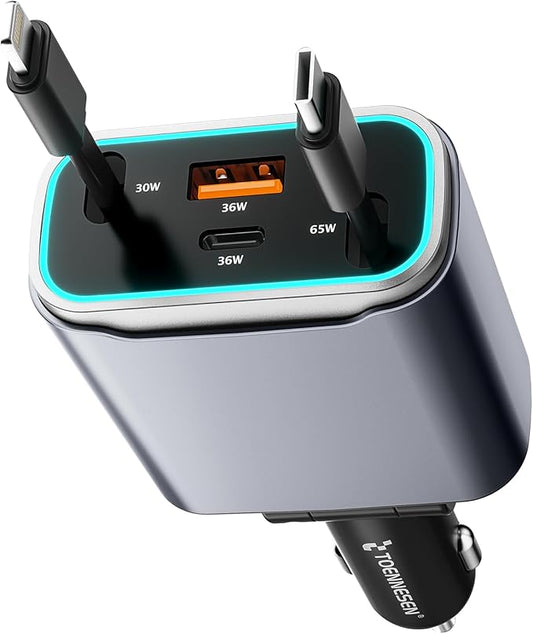 TOENNESEN Retractable Car Charger USB C 131W 4-in-1 Fast Charging with 2 Retractable Cables Car Phone Charger Adapter for iPhone 17 Pro Max 16 15 14 13 Fast Charge Car Accessories, Gifts for Men Women