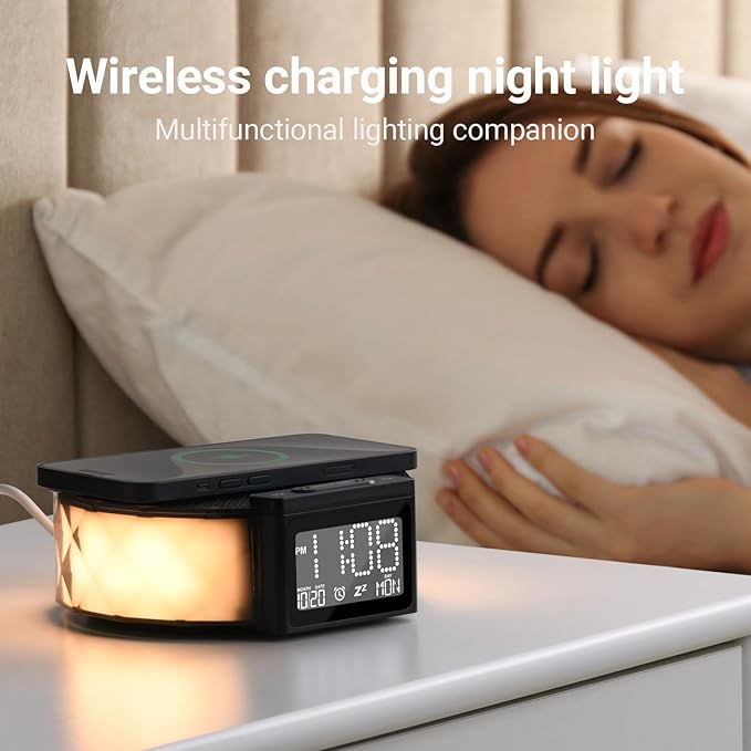 YIDPU Alarm Clock with Fast Wireless Charging 15W,Digital Alarm Clock Night Lamp for Bedroom, RGB Nightlight for 5 Colors,Snooze Mode,8 Types of Music with Cable (Black)