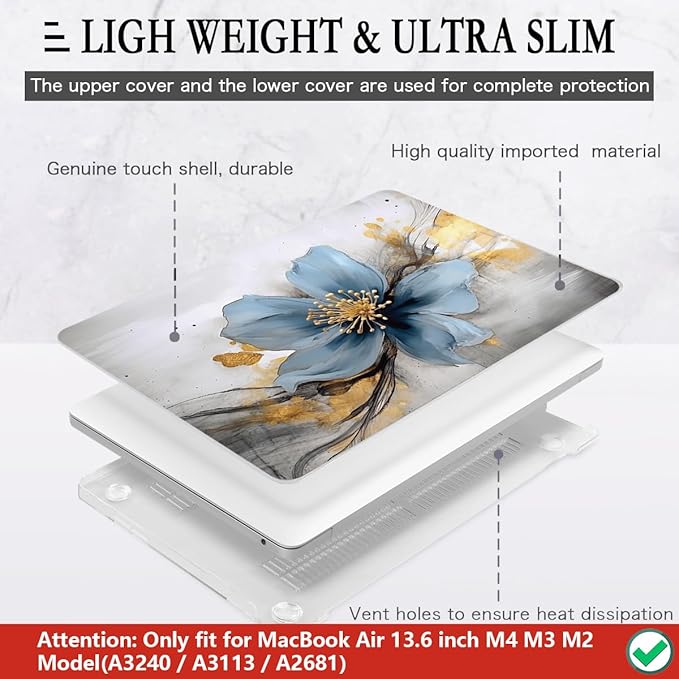 CISSOOK for MacBook Air 13.6 inch Case 2026 2025 2024 2023 2022 Release Model A3240 A3113 A2681, Hard Shell Cases with Keyboard Cover Type C Adapter for MacBook Air 13 M2 M3 M4 M5, Retro Golden Floral