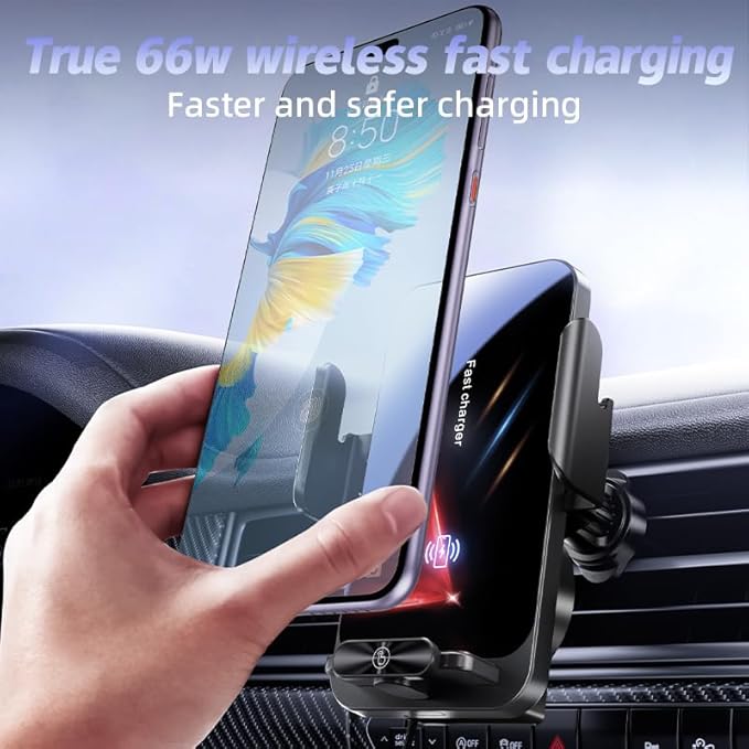 HOLIKLJY Magnetic Phone Holder Car Wireless Charger, 66W Fast Charging Phone Mount 360 Adjustable Rotatable Auto-Clamping Car Vent for Mount - Dashboard Phone Holder for iPhone/Android/Samsung (Black)