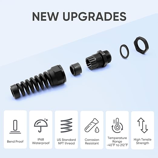 Strain Relief Cord Connector,LISTENJIALE 10Pcs NPT 1/4" Waterproof Cable Gland Flex Spiral Strain Relief Adjustable 4-8mm Cable Connector Nylon Joint with Gaskets(Black)