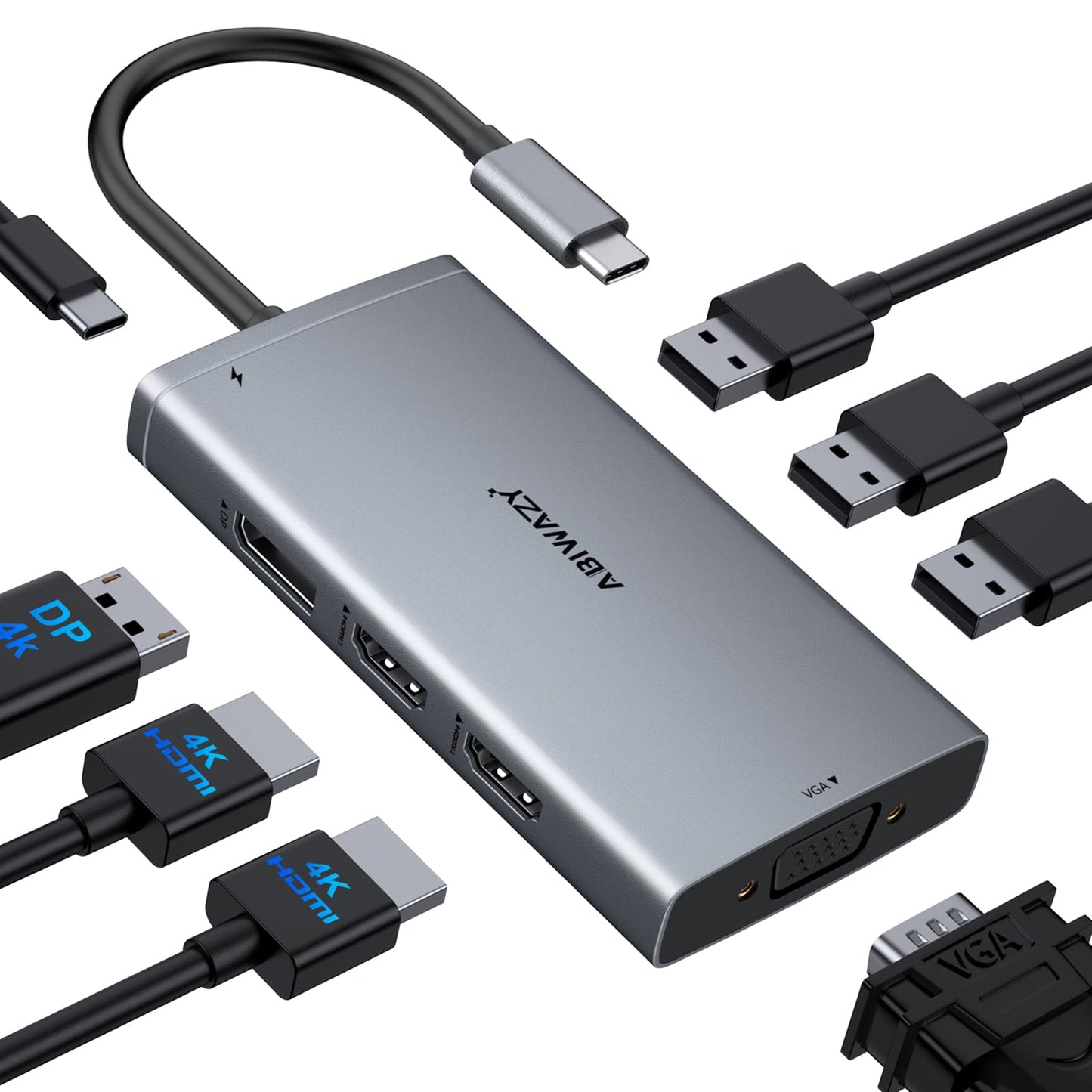 ABIWAZY USB C Docking Station Dual Monitor Adapter for Dell HP Laptop Docking Station 3 Monitors Quadruple Display USBC Hub Dongle to 4K HDMI,DP,VGA,3 USB2.0,100W PD, USB-C Dock for Lenovo,Surface