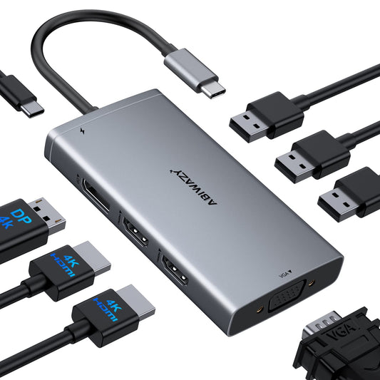 ABIWAZY USB C Docking Station Dual Monitor Adapter for Dell HP Laptop Docking Station 3 Monitors Quadruple Display USBC Hub Dongle to 4K HDMI,DP,VGA,3 USB2.0,100W PD, USB-C Dock for Lenovo,Surface