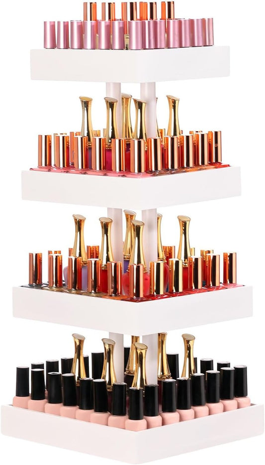 Nail Polish Display Stand - 360° Rotating Bamboo Rack Organizer | 4-Tier Makeup Holder for Easy Access - White