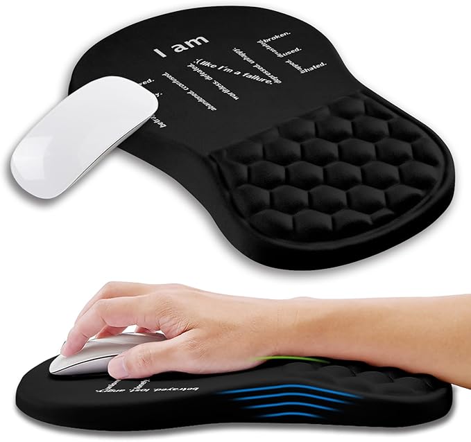 Kuosgm Ergonomic Mouse Pad Wrist Support with Memory Foam Massage Bulge, Carpal Tunnel Pain Relief Mousepad Wrist Rest for Mouse(12x8 inch, I Am Fine)