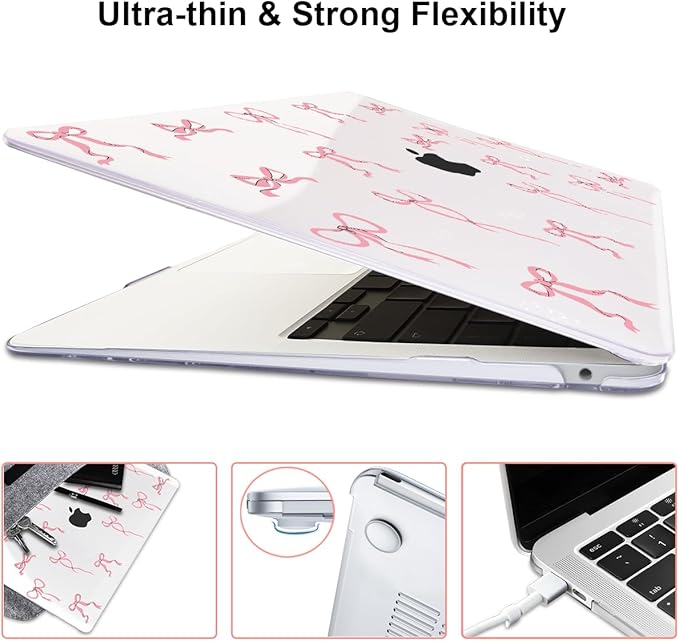 LCMOCICO for MacBook Pro 13 Inch Case 2022 M2 2020 2021 A2338 M1 A2251 A2289 with Touch Bar & Touch ID, Pattern Plastic Hard Case Keyboard Cover Screen Protector Webcam Cover Brush, Pink Bowknot