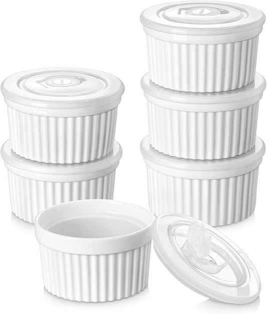 Vancasso 10 Oz Ramekins - Porcelain Creme Brulee Souffle Dishes with Lids | Set of 6, Oven & Dishwasher Safe