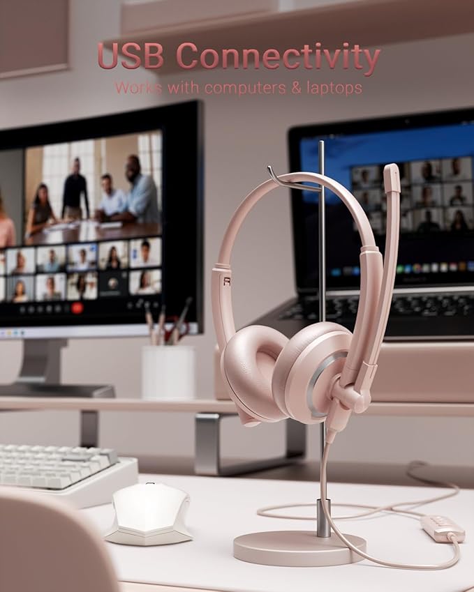 awatrue Computer USB Headset with Microphone for PC Laptop - WiredHeadphones with in-Line Control, Lightweight, Enhanced Sound & MIC Mute(Pink)
