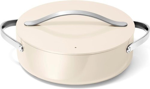 Caraway Rondeau - 6 Qt Non-Stick Cooking Pan with Lid - Chemical-Free Design for Searing & Roasting - Cream