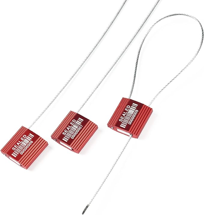 LeadSeals 100 Red Steel Cable Seals With Barcode - High Security Numbered Truck Anti-Tamper Pull Tite Tags - Metal Container Shipping Self-Locking Safety Ties ISO 17712