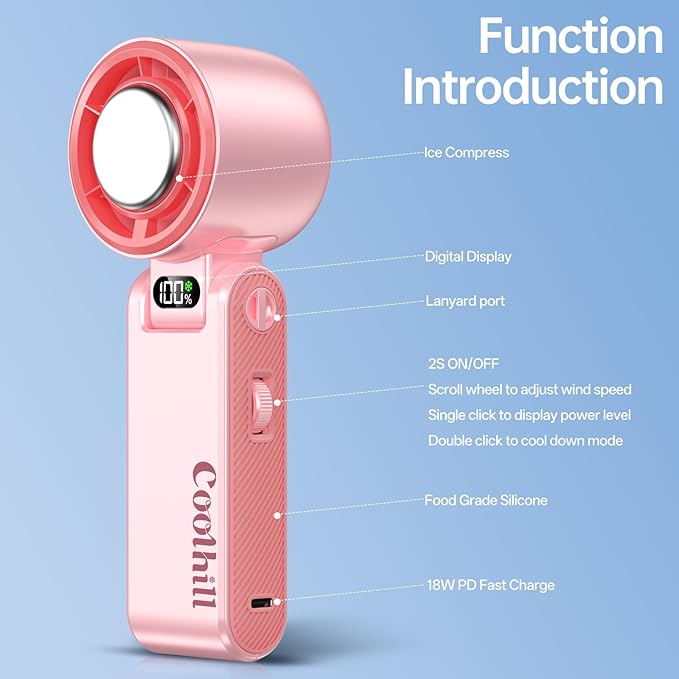 Coolhill Pro Handheld Portable Fan with Ice Cooler: 199-Speed 5500mAh Rechargeable Handheld Fan, 12H Time Hand Cooling Personal Fans with 20000 RPM Air Turbo Tech for Travel Outdoor (Pink)