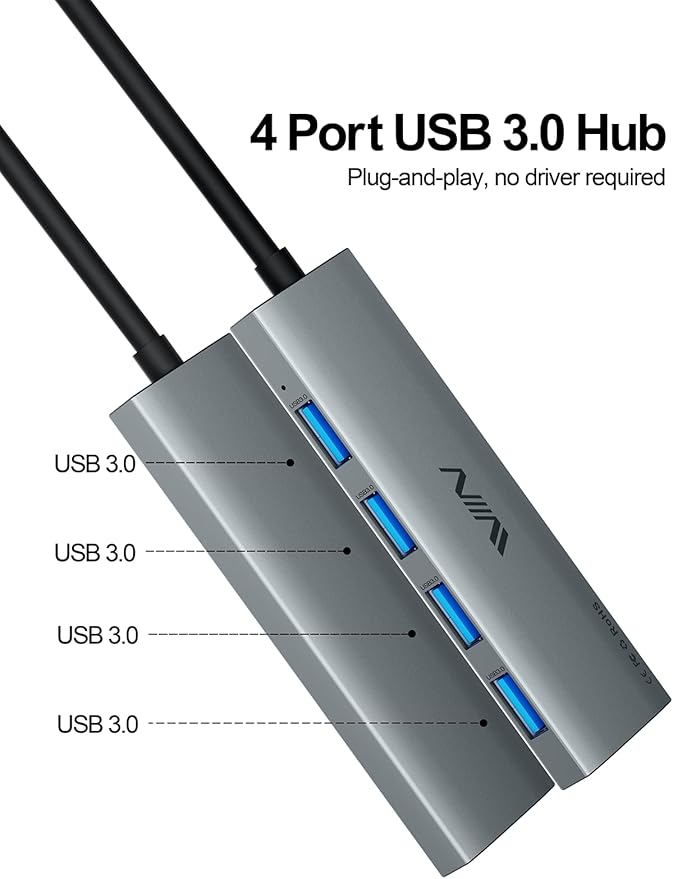 USB 3.0 Hub, 4 Port USB Hub Splitter, USB A Expander Portable USB Adapter Multiport Data Hub for Laptop, iMac Pro, MacBook Air, Mac mini/Pro, Surface Pro, USB Flash Drives, and Mobile HDD-Grey