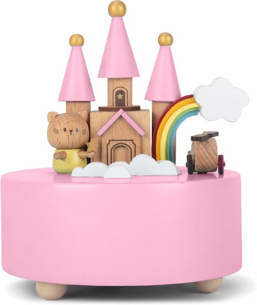 Cottage Garden Music Box - Rainbow Castle Cat Design | 5-Inch Natural Wood, Plays Brahm's Lullaby