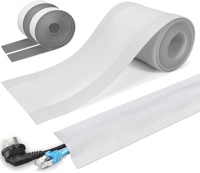 Floor Cable Covers - Oxford Fabric Cord Protector with Adhesive Hook & Loop,Waterproof Wire Storage Sleeve for Any Floor Surface,Durable Cable Management to Prevent Tripping Hazards (White, 10ft)