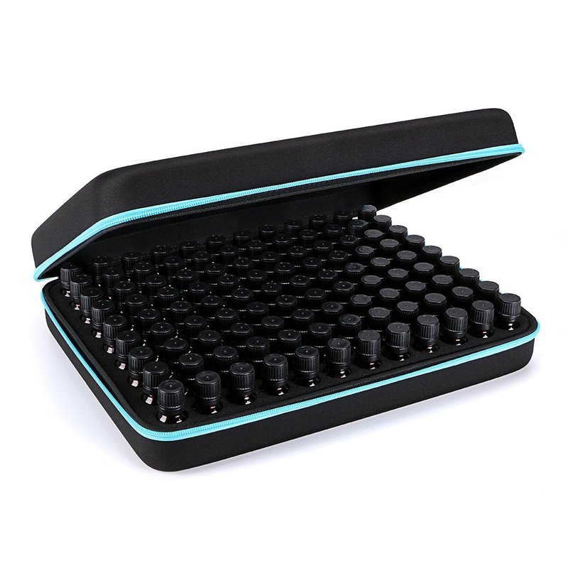 Hipiwe 108 Essential Oils Carrying Case Holds 5ml, 10ml, 15ml Bottles Hard Shell Exterior EVA Essential Oils Storage Organzier Bag with Foam Insert and Carrying Handle (Black+Blue 108)