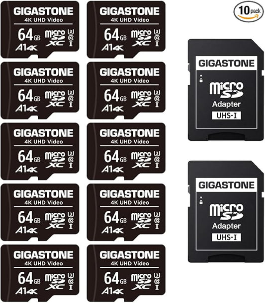 GIGASTONE 64GB Micro SD Card 10-Pack, A1 V30 4K Video Recording, Surveillance Security Cam Action Camera Drone Professional, 90MB/s Micro SDXC UHS-I Class 10