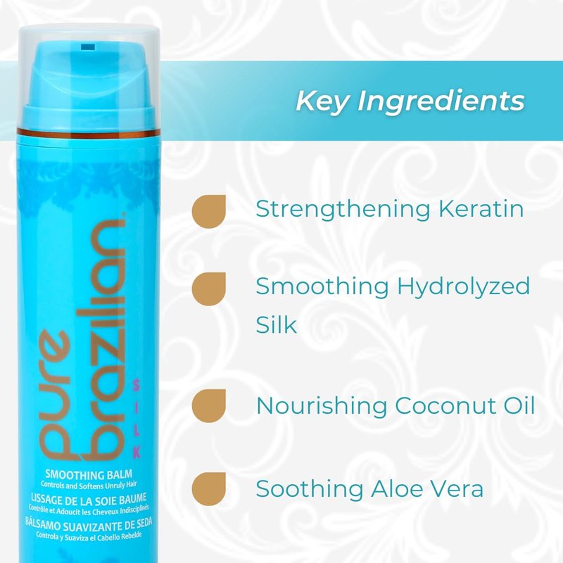 Pure Brazilian Silk Smoothing Balm with Keratin, Hydrolyzed Silk & Coconut Oil, Anti-Frizz, Nourishing & Strengthening Formula, Salon-Quality Treatment, 6.78 Oz
