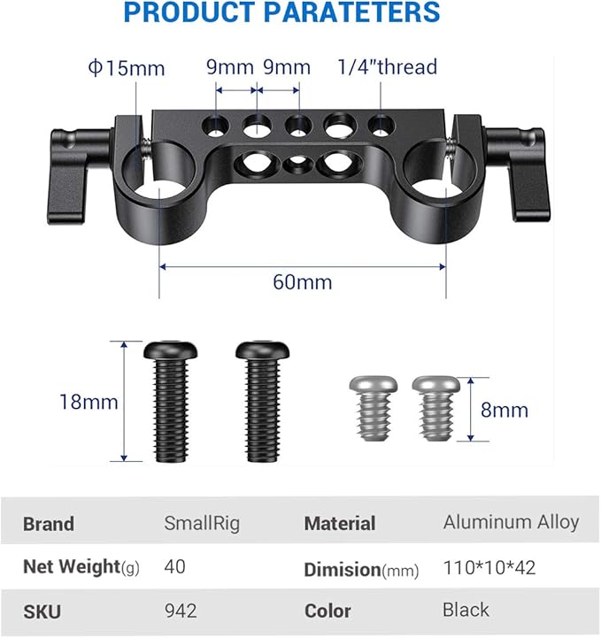 SmallRig Super Lightweight 15mm Railblock, 15mm Rod Clamp with 1/4"-20 Thread for Sony for Canon and Other DSLR Camera Rig Shoulder Support Rail System - 942