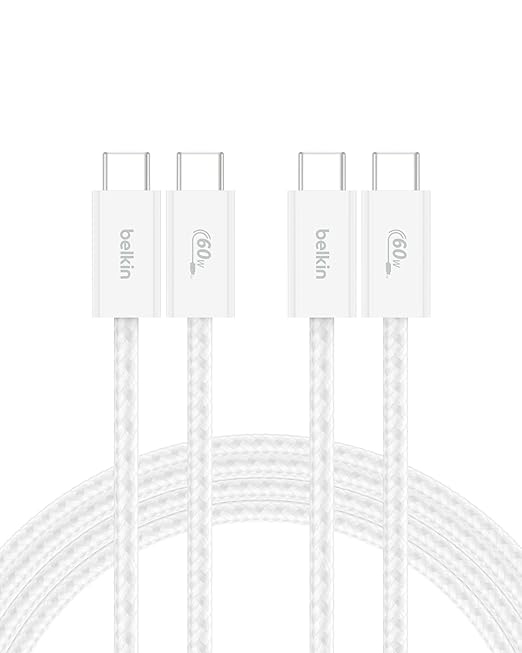 Belkin USB C to USB C Cable 2-Pack, 6.6ft, 60W - Type C Charger, iPhone Charger Cord, Soft, Braided, Flexible for iPhone 17, Galaxy S25, Pixel 10, Airpods, iPad Pro & More, Travel Essentials - White