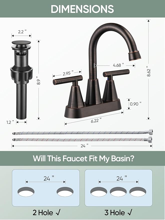 Cobbe Bathroom Faucets for Sink 3 Hole, 4 Inch with Pop Up Drain and 2 Supply Hoses, 2 Handle Centerset Bathroom Faucet for Sink Vanity, ORB, 2 Pack