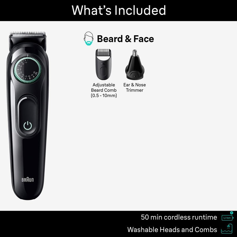 Braun All-in-One Style Kit Series 3 3430, 3-in-1 Trimmer for Men with Beard Trimmer, Ear & Nose Trimmer, Hair Clippers, Ultra-Sharp Blade, 20 Length Settings, Washable