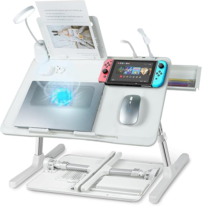 iXTRA Laptop Lap Desk with Cooling Fan - Adjustable with Light, USB, Storage Drawer - Folding Bed Desk,22.04"*12.59",White