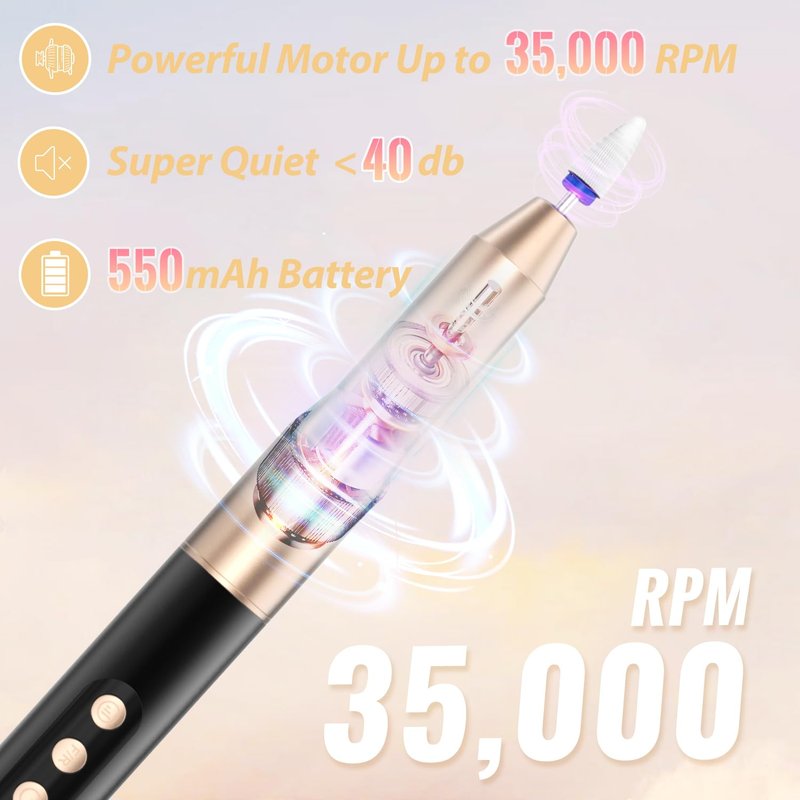 Denabuty Cordless Electric Nail Drill File: 35000RPM Professional Nail Drill Machine with UV LED Nail Lamp Charging Base, Manicure Pedicure Kit E File for Acrylic Gel Dip Powder Polish Black