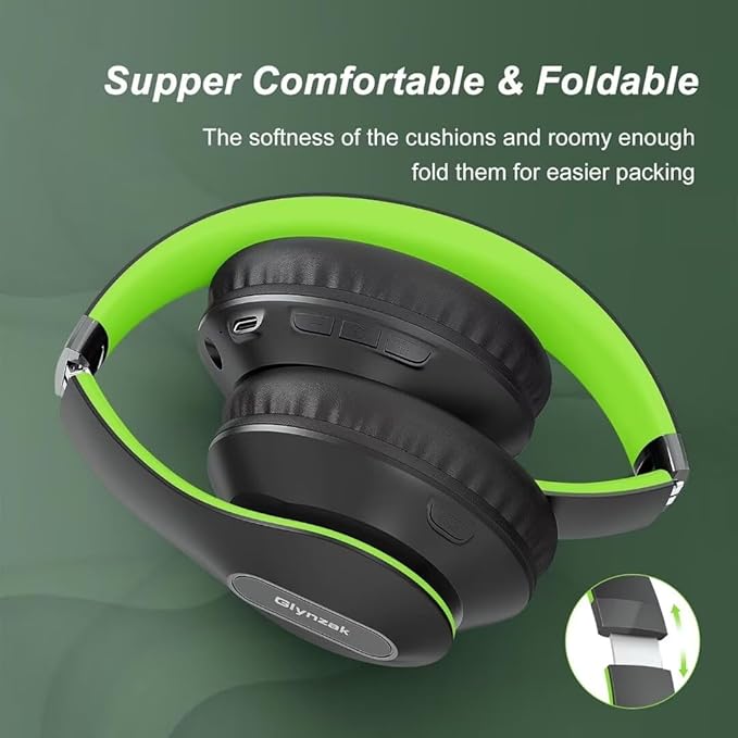 Glynzak Wireless Bluetooth Headphones Over Ear 65H Playtime HiFi Stereo Headset with Microphone and 6EQ Modes Foldable Bluetooth V6.0 Headphones for Travel Smartphone Computer Laptop