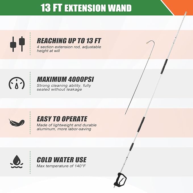 Gutter Cleaning Tools From the Ground, 13 FT Pressure Washer Extension Wand, Power Washer Lance With 5 Pressure Washer Spray Nozzle Tips, 30Â°, 120Â° Gutter Cleaner Curved Rod for Wall Roof Gutter