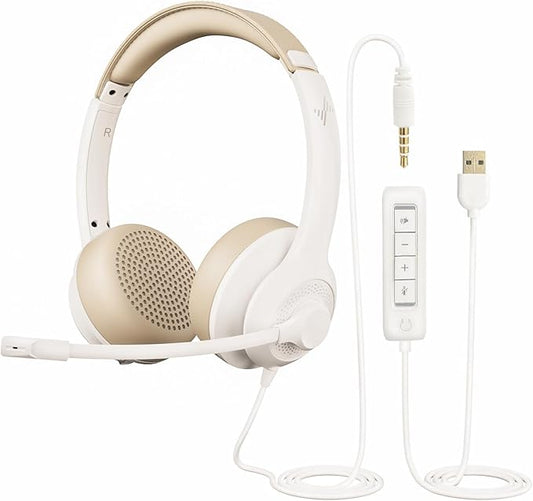JIAMQISHI USB Headset with Microphone for PC, On-Ear Computer Laptop Headphones with Noise Cancelling Mic in-line Control for Home Office Online Class Zoom (USB+3.5mm, White)