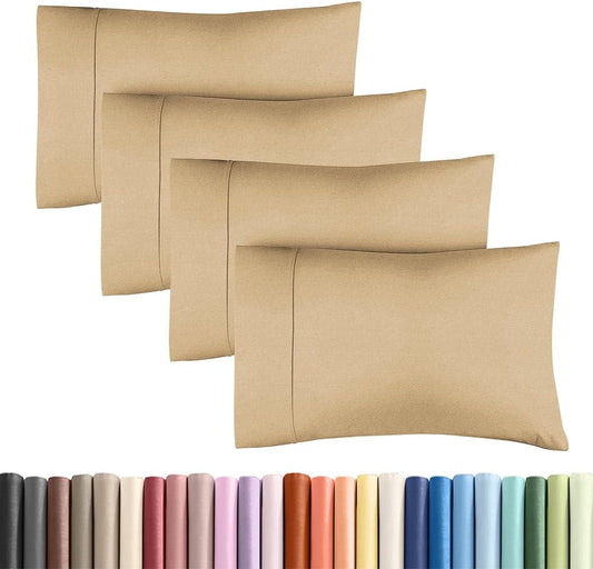 Standard Pillow Cases Set of 4 | Ultra Soft Hotel Quality Covers - Comfy & Machine Washable - Heathered Tan