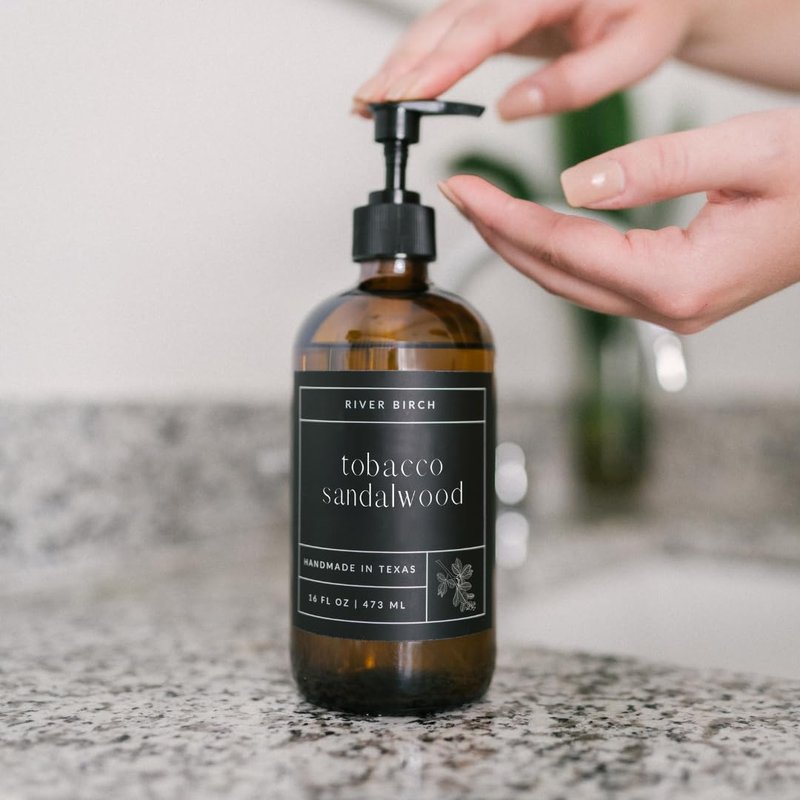 River Birch Tobacco Sandalwood Scented Natural Hand Soap - Handmade Soap - Moisturizing Hand Wash with Amber Glass Dispenser - Luxury Scented Hydrating Hand Soap - Vegan and Non-Toxic - 16 Fl Oz