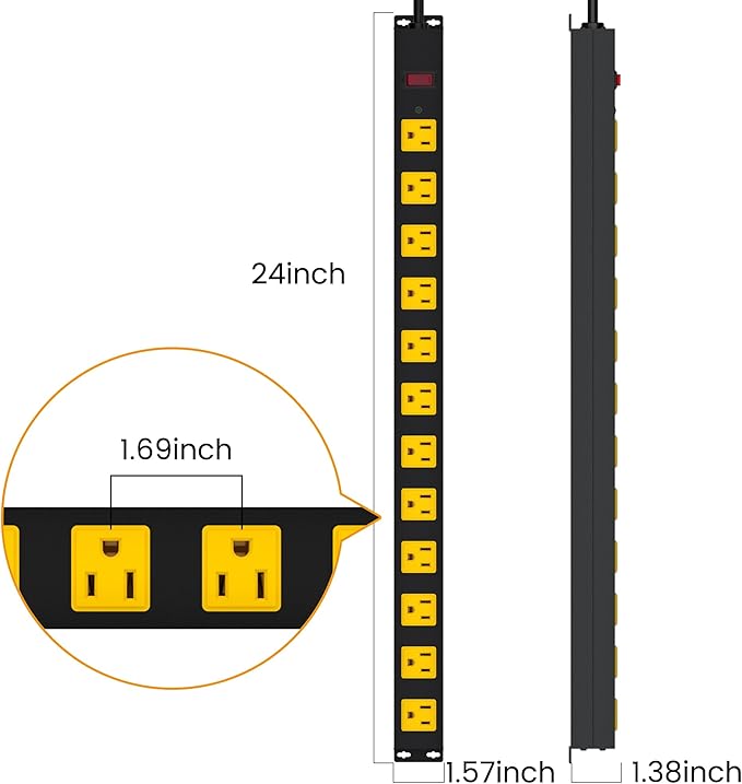 Metal 12 Outlet Mountable Power Strip, 2100J Surge Protector with Heavy Duty 6ft Extension Cord, Wide Spaced and Wall Mount Metal Powerstrip for Garage, Desk, Industrial, Shop and Indoor (6ft)