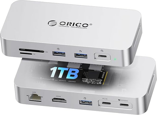 ORICO 1 TB External SSD Docking Station, SSD Expansion + Hub Extension, Up to1000MB/s, 10-in-1 USB C HUB with Internal SSD, Support 4K@60Hz HDMI Display, 100W PD, Ethernet, SD/TF, Mac mini - SJ10