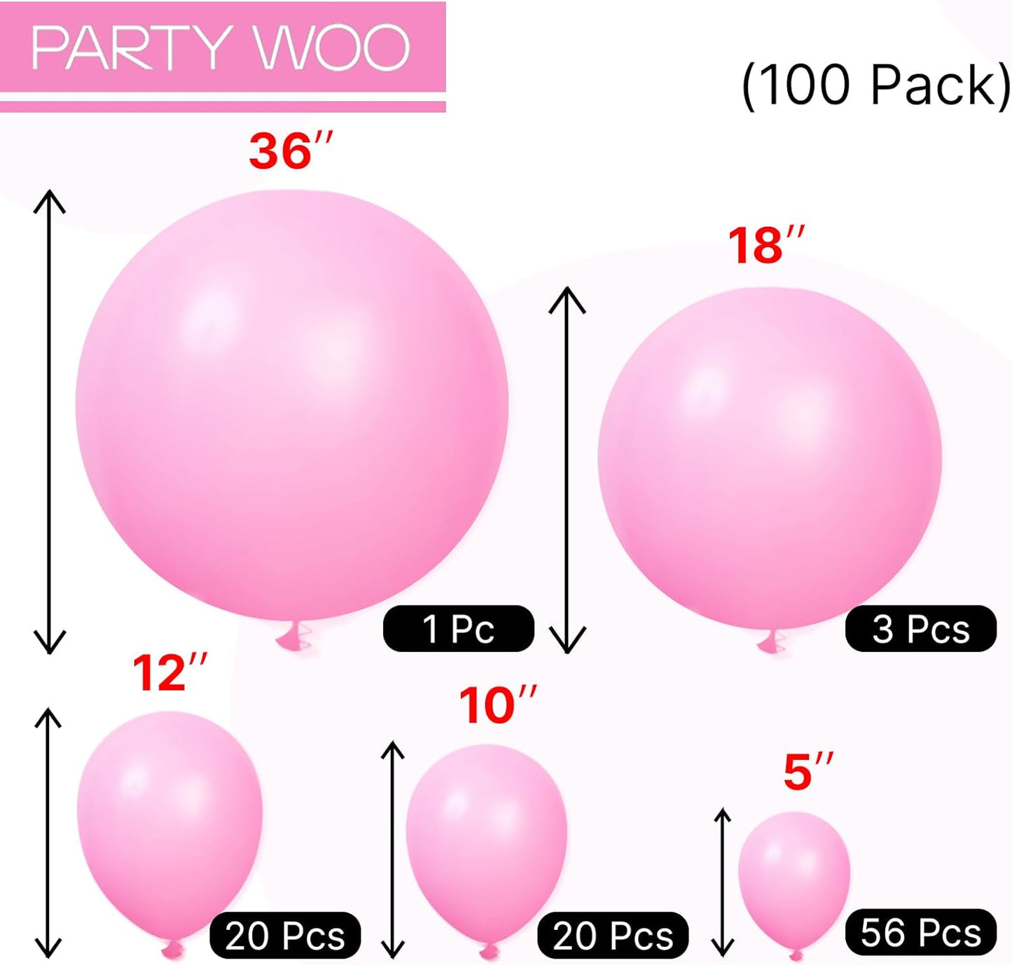 PartyWoo Pink Balloons - 100pcs Matte Pink Balloon Arch Kit for Baby Showers & Parties | Various Sizes 5-36 Inch