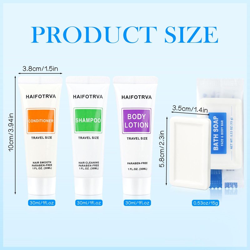 100 Pcs 4-IN-1 Hotel Soaps and Toiletries Bulk Set,4-Piece Set Mini Bulk Travel Size Toiletries Set 1 oz each Shampoo,Conditioner, Body Lotion and 0.53 oz Soap Hotel Supplies for Guests,Homeless