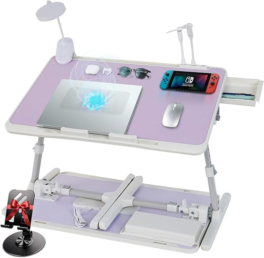 iXTRA Laptop Lap Desk Include Cooling Fan,Adjustable Lap Desk with Light Fan,Folding Laptop Desk for Bed with USB,Bed Desk with Storage Drawer 60x40cm,Purple
