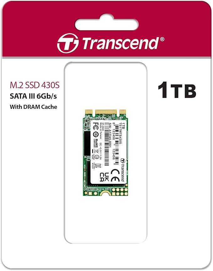 Transcend MTS430 1TB M.2 2242 SATAIII SSD with Dram Cache, Up to 560MB/s, Compatible with Ultrabook/Laptop/PC/Desktop, 3D TLC NAND Flash Internal SSD, LDPC Error Correction, SLC Cache, B+M Key