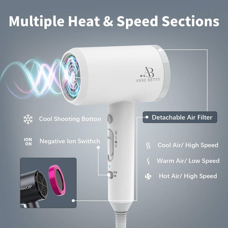 ANNE BETTY Hair Dryer with Diffuser for Curly Hair, 1800W Ionic Blow Dryer for Women & Men, Fast-Drying, Lightweight, Low Noise, Hair Care Styling Tool for Home, Travel