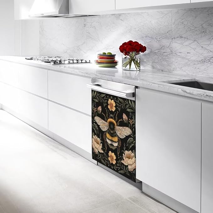 Flower and Bee Wallpaper Dishwasher Magnetic Cover Sticker Magnetic Refrigerator Full Door Cover Sticker Kitchen Decor Panel Decal 23W x 26H inchs