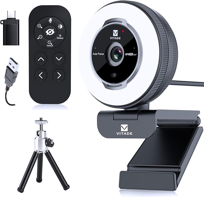 VITADE Zoomable Webcam with Remote Control, 1080P 60FPS Streaming Webcam with Adjustable Ring Light and Tripod, Pro USB 5X Digital Zoom Webcam for Zoom/Skype Teams/Laptop/Mac Windows