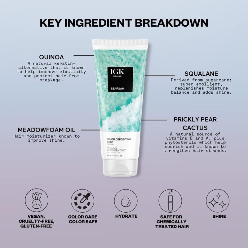 IGK Seafoam | Pale Teal Hair Gloss + Color Depositing Mask | Boost Shine, Enhance Teal Tones, Refresh Color | Semi Permanent Conditioning Treatment | Vegan | 6 oz
