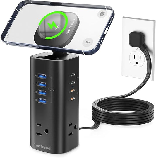 115W Fast Charging Station, TenTrend Power Strip Tower Surge Protector, 5FT Extension Cord with 3AC Outlets & 8 USB Ports(4 USB-C), Flat Plug Charging Tower for Home, Office Supplies, Dorm Room