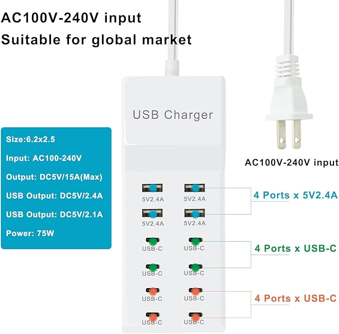 USB Charging Station - Fast Charger for iPhone 15/14, Samsung Galaxy, iPad and Tablets - Desktop Home USB Charger Hub with UL Certification and Safety Travel Protection White
