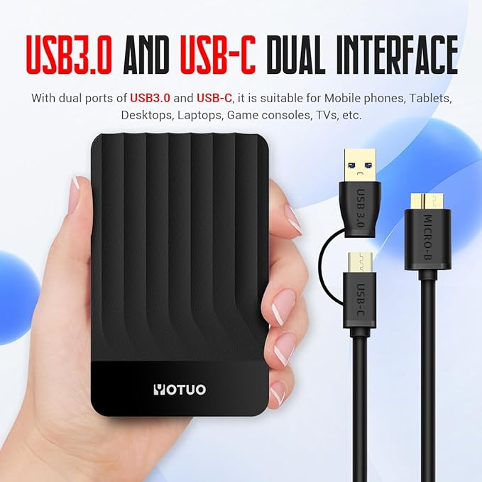 YOTUO 750GB External Hard Drive, Portable Storage Expansion HDD, USB 3.0 & USB-C for PC, Mac, Desktop, Laptop, Smartphone, PS4, Xbox One, Xbox 360, Office & Game, Black