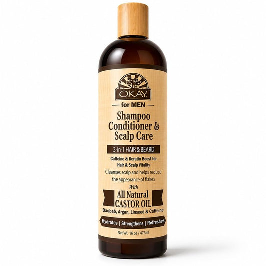 OKAY-MEN 3 in 1 Shampoo and Conditioner - Castor Oil Shampoo and Conditioner, Beard Wash, Clarifying Treatment for Dry Damaged Hair, Dandruff, Curly Hair - 16 Fl Oz (Pack of 2)