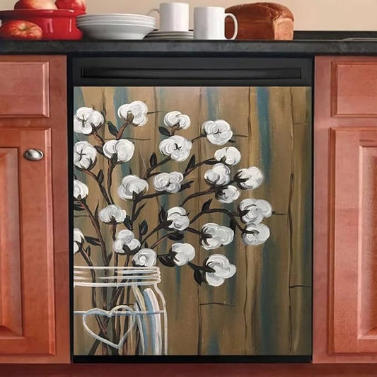 Bless Family Dishwasher Cover Floral Sticker Kitchen Decor,Cotton Bolls Painting Fridge Magnetic,Flower Vase Refrigerator Magnets Decal,Appliance Magnetic Panel 23"x26"